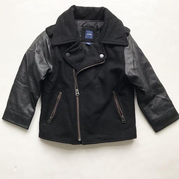 BABygap black motto mix jacket VGUC - button mark on sleeve 4T - Picture 1 of 8